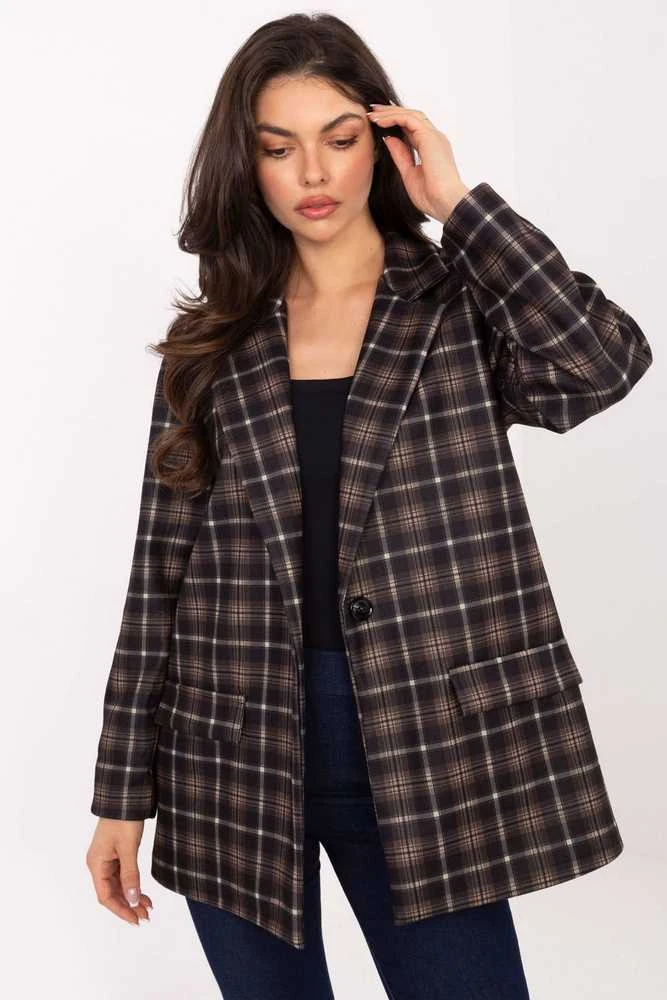 Moteriškas languotas švarkas juodos ir rudos spalvos