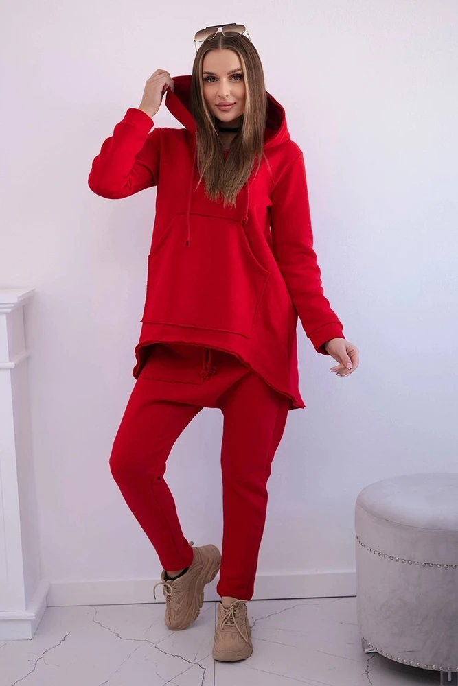 Moteriškas medvilninis komplektas: džemperis su gobtuvu ir kelnės, raudonas