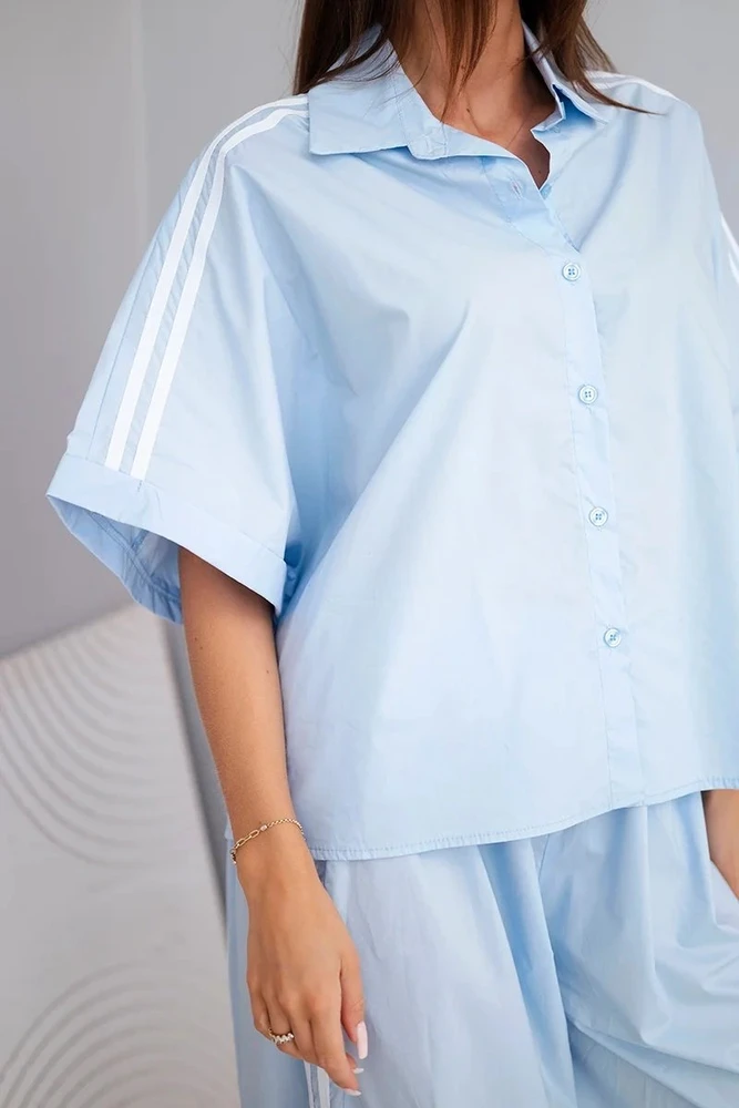 Moteriškas medvilninis komplektas su dryžuotomis detalėmis, mėlynas