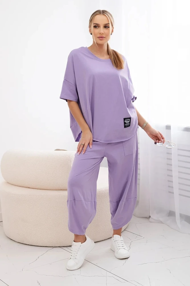 Moteriškas medvilninis komplektas su palaidine ir kelnėmis, šviesiai violetinės spalvos