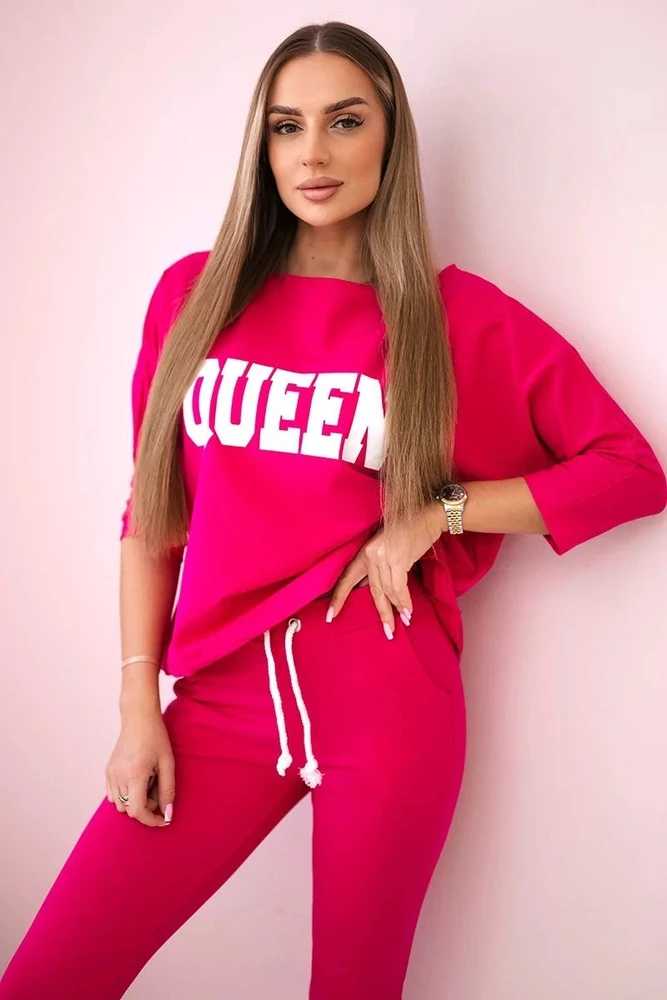 Moteriškas medvilninis komplektas su „Queen“ užrašu, ryškiai rožinis