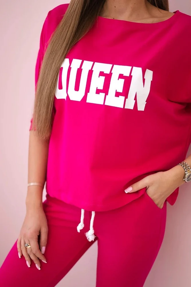 Moteriškas medvilninis komplektas su „Queen“ užrašu, ryškiai rožinis