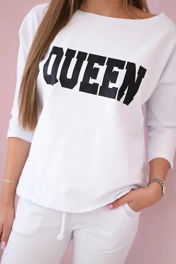 Moteriškas medvilninis komplektas su „Queen“ užrašu, baltas