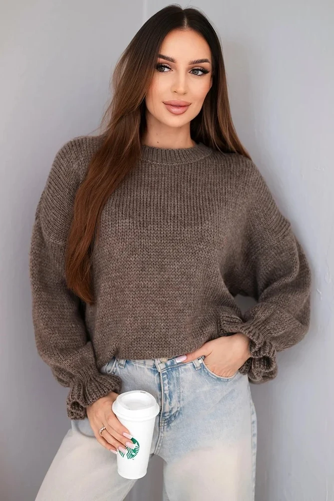 Moteriškas megztinis iš moheros ir vilnos, laisvo kirpimo, kapučino spalvos