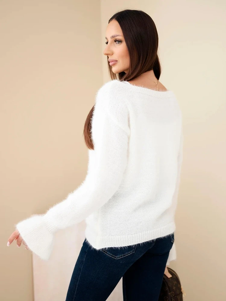 Moteriškas megztinis iš moheros ir vilnos su rankovių raukiniais, ekru