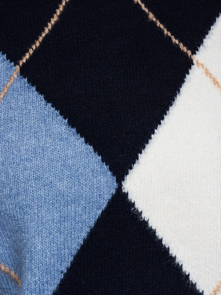 Moteriškas megztinis su geometriniu rombų raštu Ombre, mėlynas