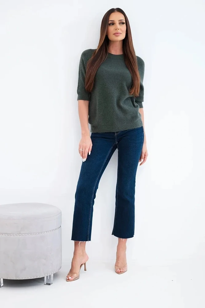 Moteriškas megztinis su trumpomis rankovėmis, chaki spalvos
