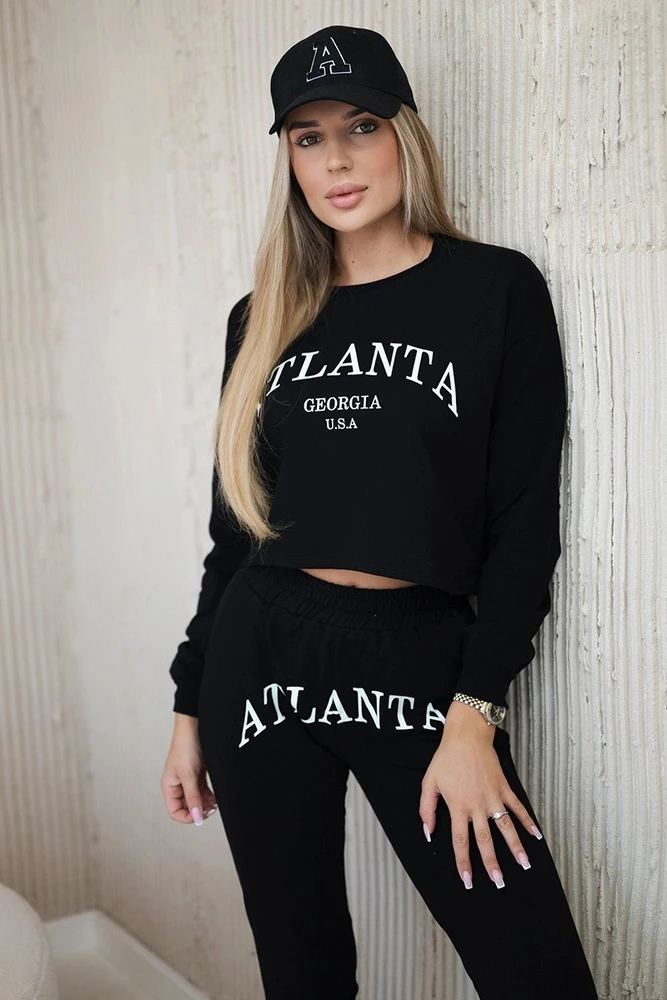 Moteriškas palaidinės ir kelnių komplektas su „Atlanta“ užrašu, juodas