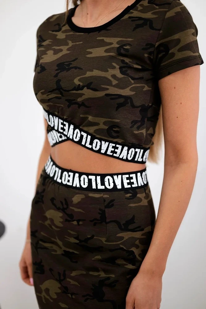 Moteriškas palaidinės ir sijono komplektas su „Love“ užrašais, chaki
