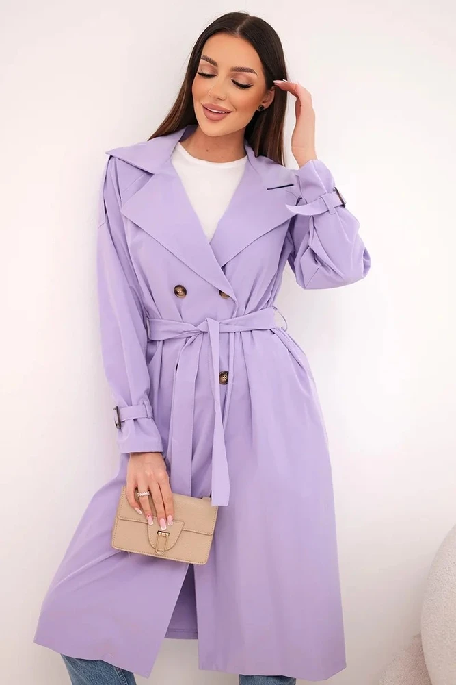 Moteriškas paltas su diržu ir apykakle, šviesiai violetinis