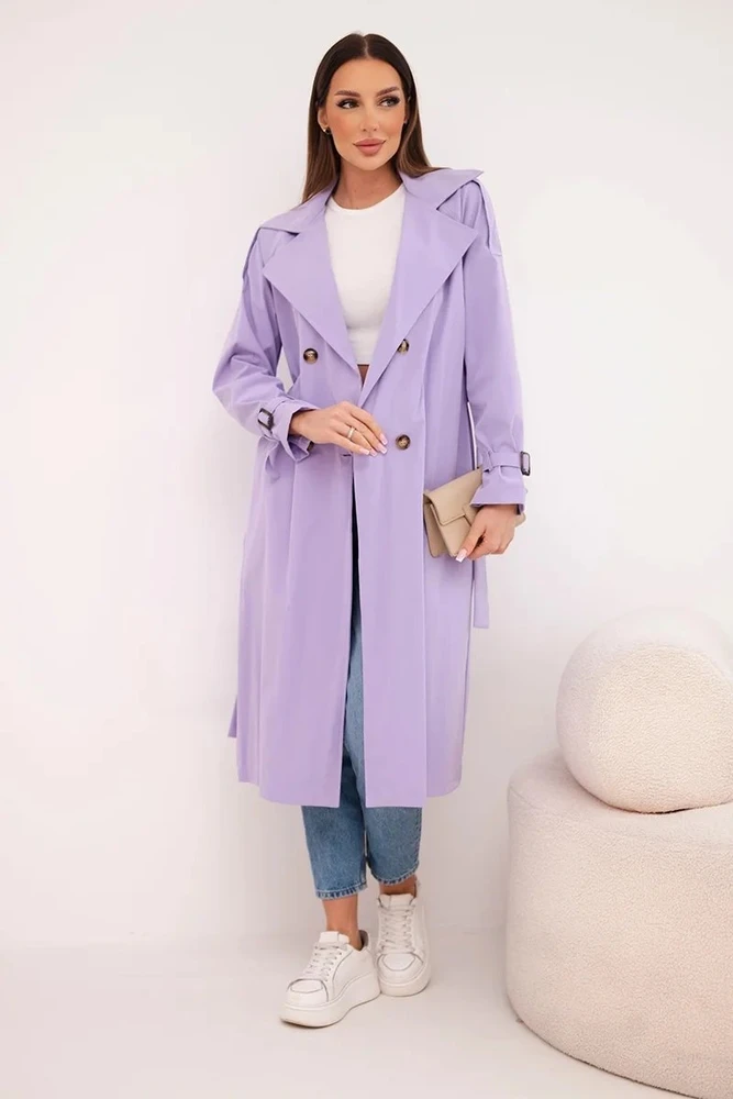 Moteriškas paltas su diržu ir apykakle, šviesiai violetinis