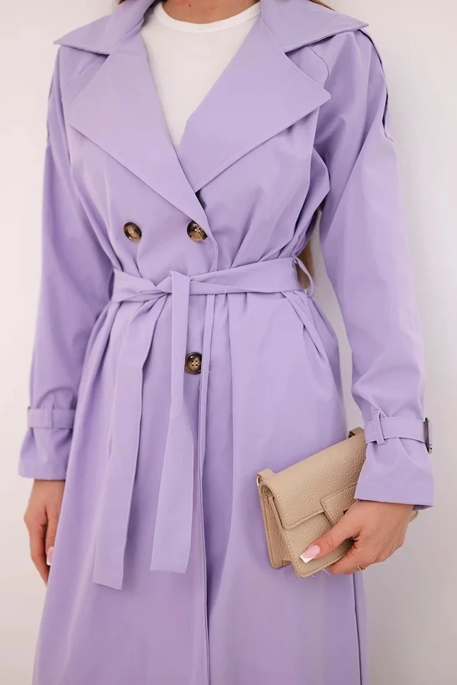 Moteriškas paltas su diržu ir apykakle, šviesiai violetinis