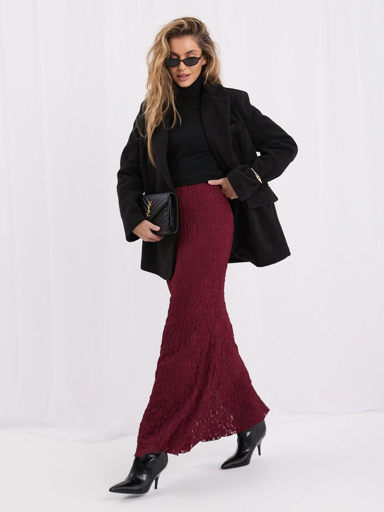 Moteriškas platėjantis midi sijonas su nėriniais Italy Moda, bordo