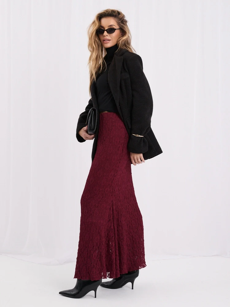 Moteriškas platėjantis midi sijonas su nėriniais Italy Moda, bordo