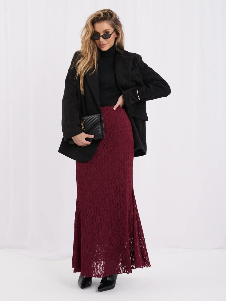 Moteriškas platėjantis midi sijonas su nėriniais Italy Moda, bordo