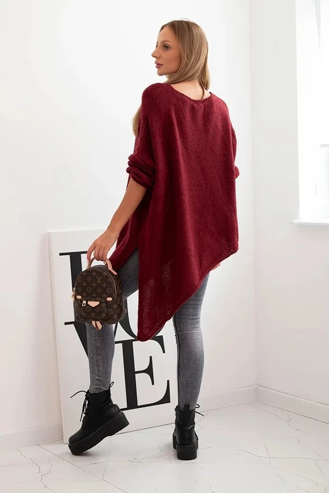 Moteriškas Plus Size asimetrinis megztinis su V formos iškirpte, burgundiškos spalvos
