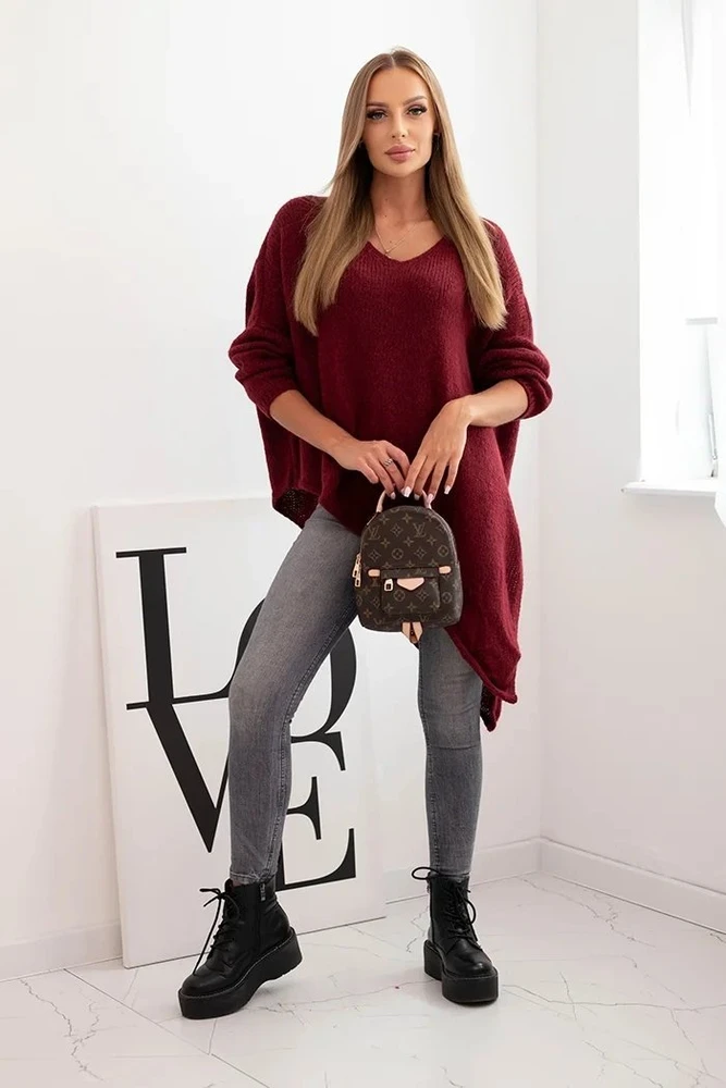 Moteriškas Plus Size asimetrinis megztinis su V formos iškirpte, burgundiškos spalvos