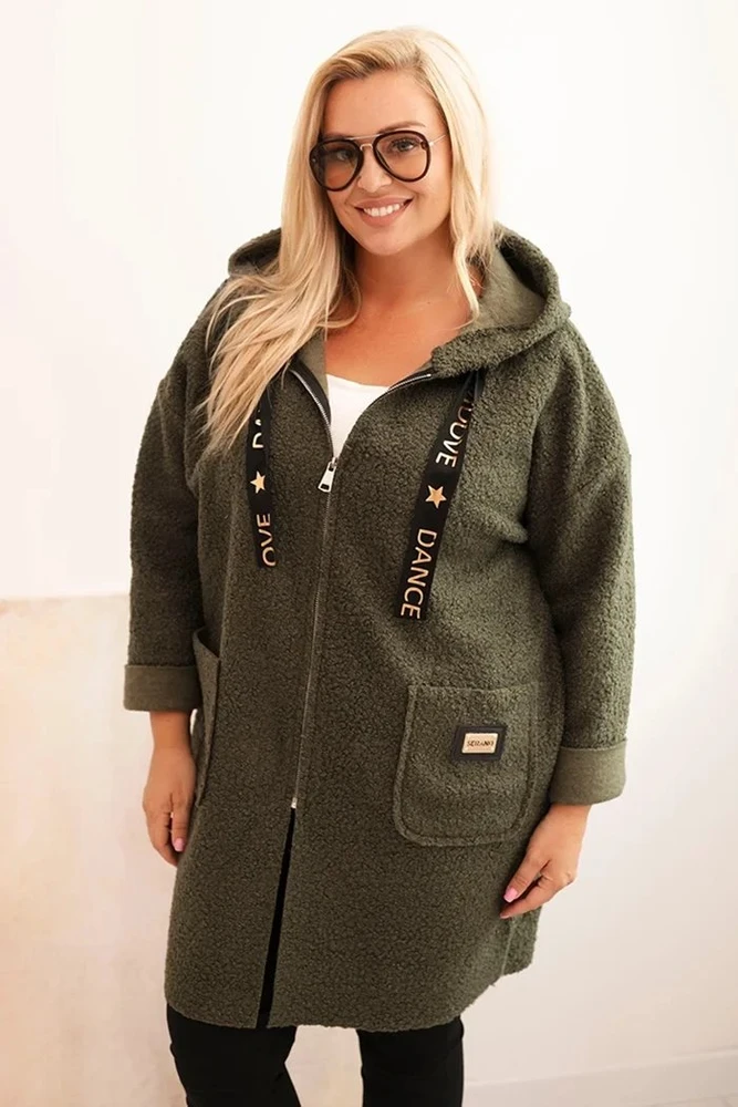 Moteriškas Plus Size chaki paltas su gobtuvu ir kišenėmis