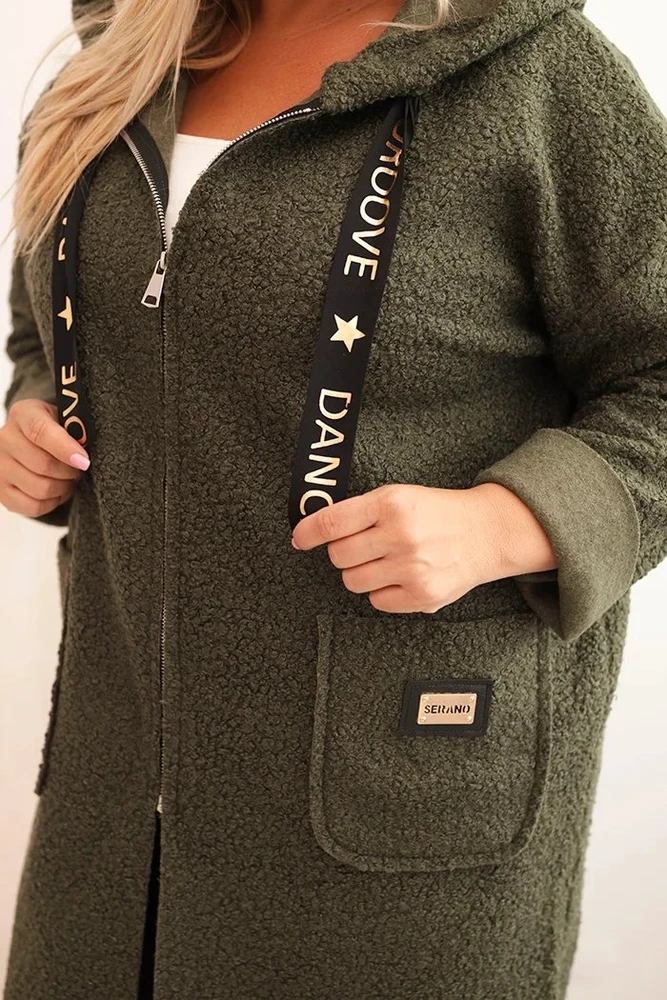 Moteriškas Plus Size chaki paltas su gobtuvu ir kišenėmis