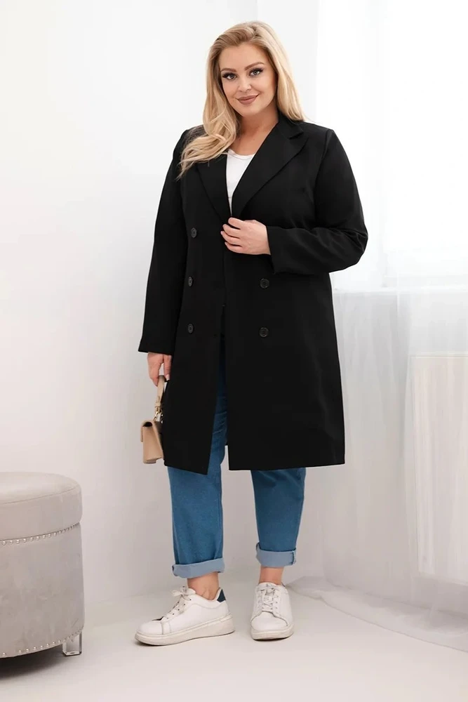 Moteriškas Plus Size dvieilis paltas su apykakle, juodos spalvos