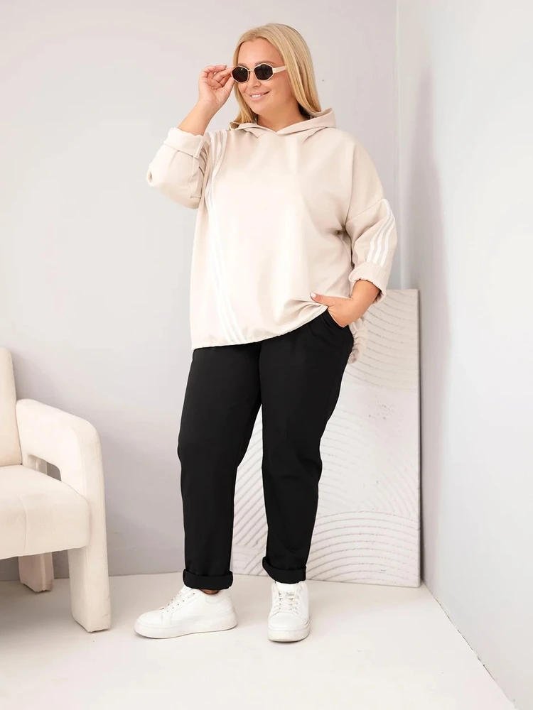Moteriškas Plus Size džemperis su gobtuvu ir dekoratyvinėmis juostomis, smėlio spalvos