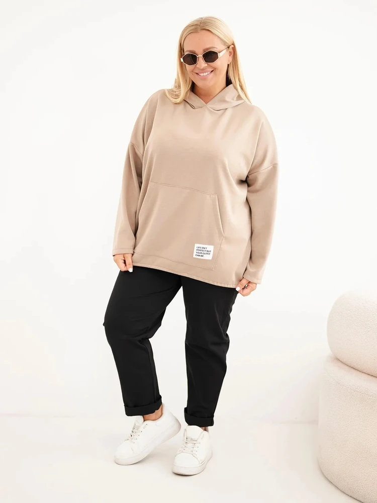 Moteriškas Plus Size džemperis su gobtuvu ir kengūros kišene, smėlio spalvos