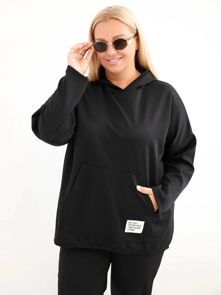 Moteriškas Plus Size džemperis su gobtuvu ir kengūros kišene, juodas