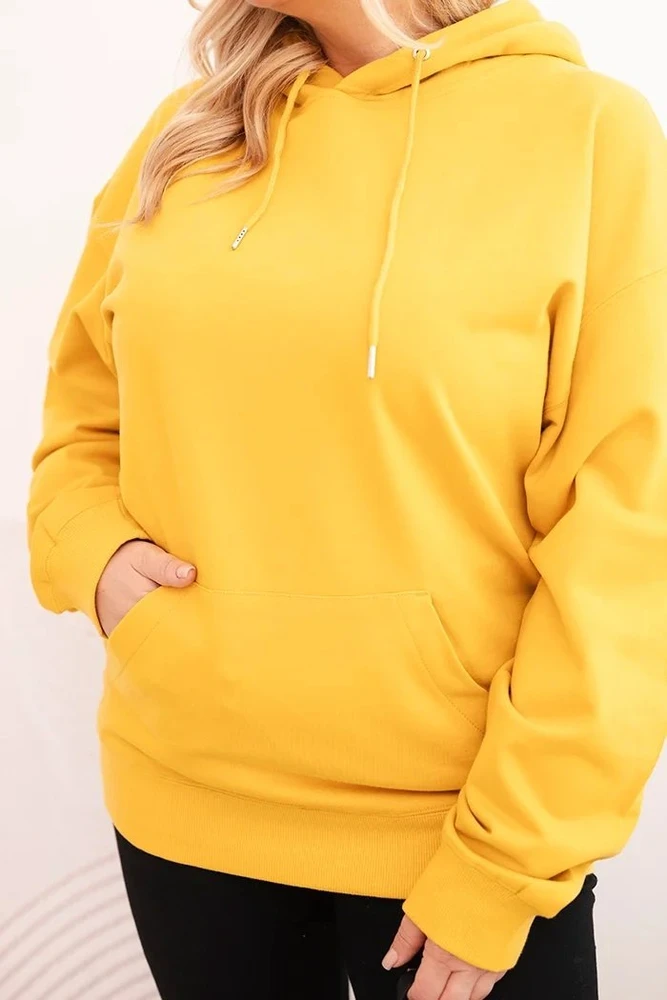 Moteriškas Plus Size džemperis su gobtuvu ir kengūros kišene, garstyčių spalvos