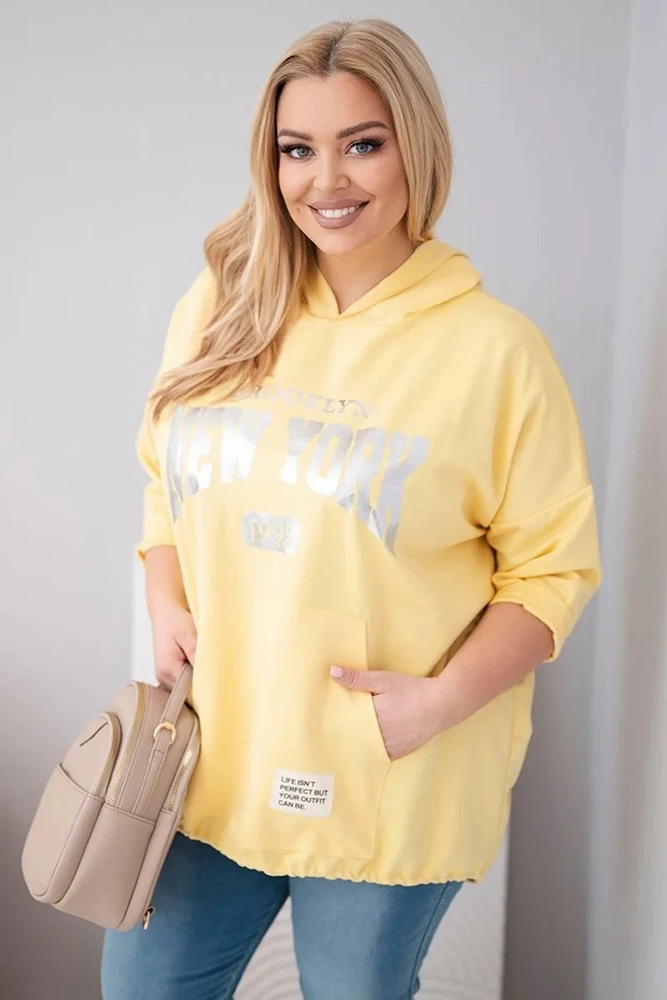 Moteriškas Plus Size džemperis su gobtuvu ir kišene, geltonos spalvos