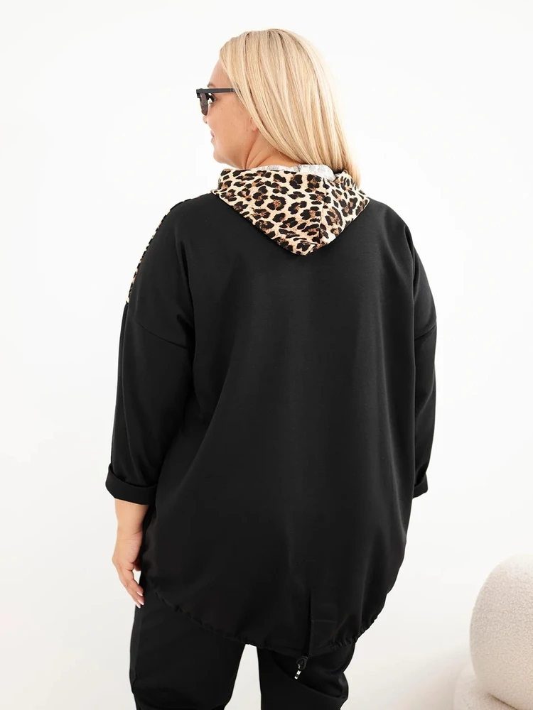 Moteriškas Plus Size džemperis su gobtuvu, juodos spalvos