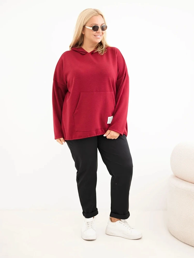 Moteriškas Plus Size džemperis su gobtuvu ir kengūros kišene, burgundiškos spalvos