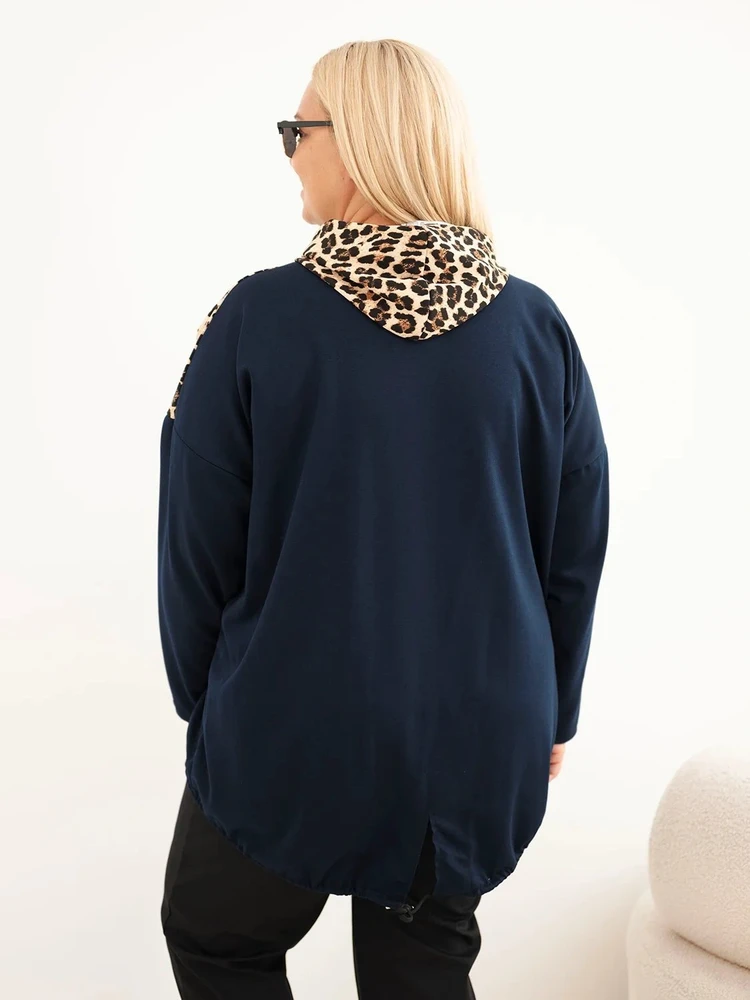 Moteriškas Plus Size džemperis su gobtuvu ir leopardo rašto intarpais, tamsiai mėlynas