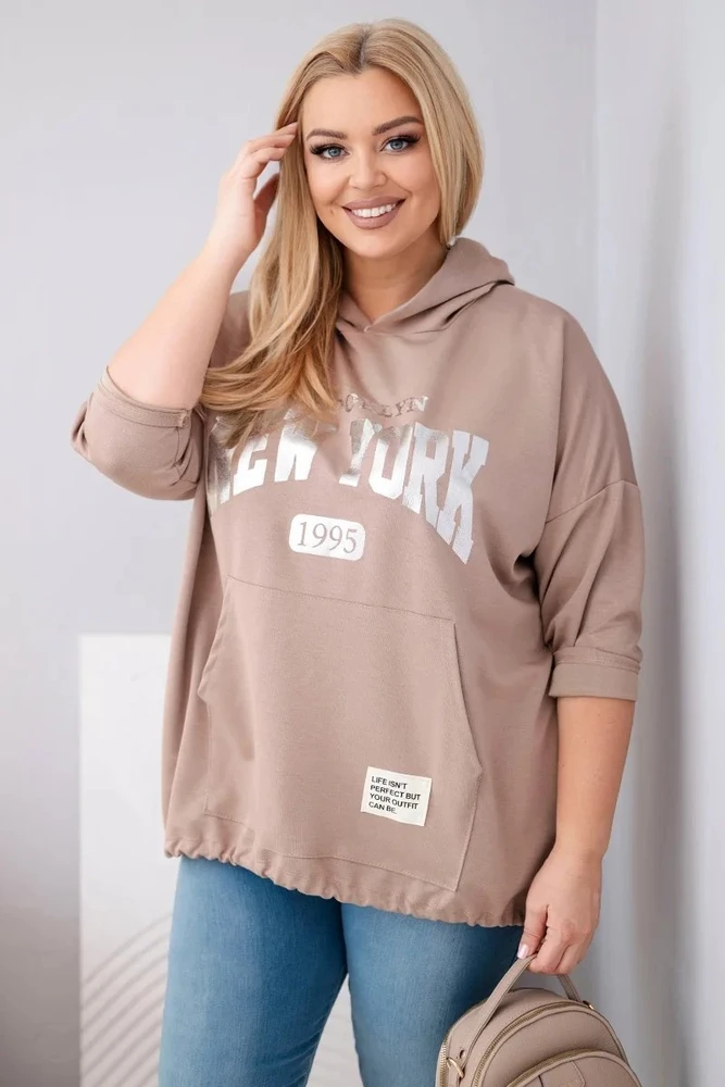 Moteriškas Plus Size džemperis su gobtuvu ir kišene, kapučino spalvos