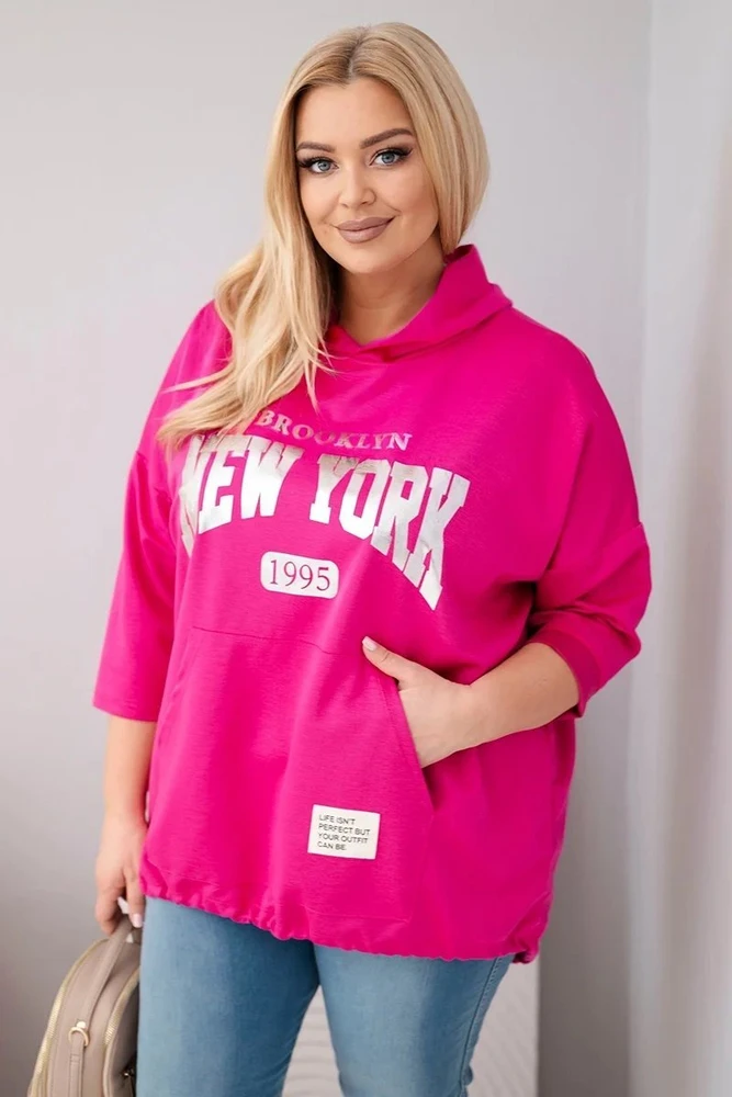 Moteriškas Plus Size džemperis su gobtuvu ir kišene, fuksijos spalvos