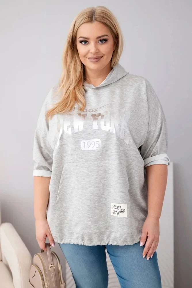 Moteriškas Plus Size džemperis su gobtuvu ir kišene, pilkai melanžinis