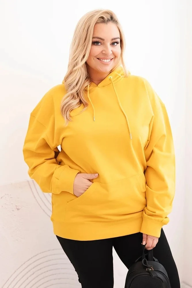 Moteriškas Plus Size džemperis su gobtuvu ir kengūros kišene, garstyčių spalvos