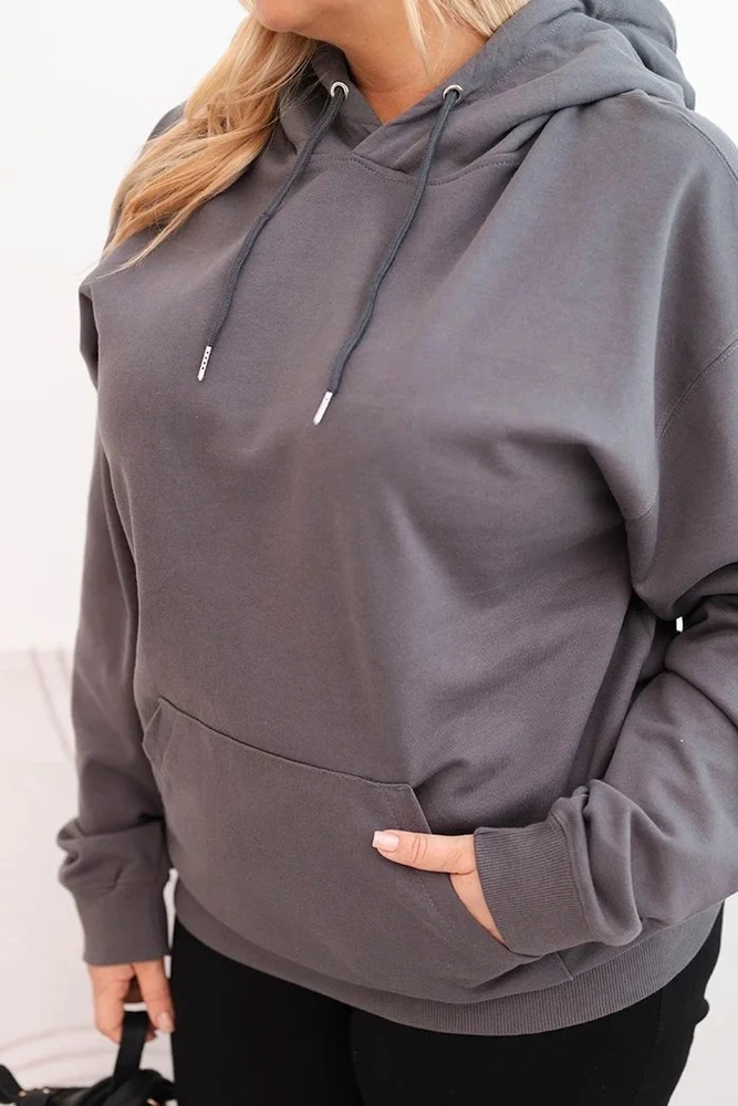 Moteriškas Plus Size džemperis su gobtuvu ir kengūros kišene, pilkos spalvos