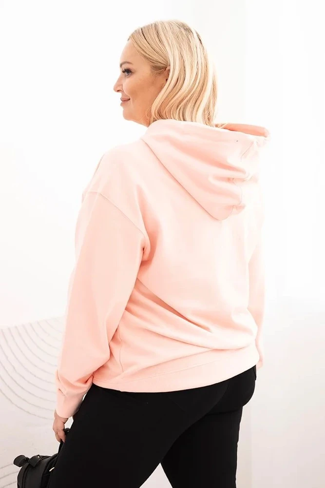 Moteriškas Plus Size džemperis su gobtuvu ir kengūros kišene, lašišos spalvos