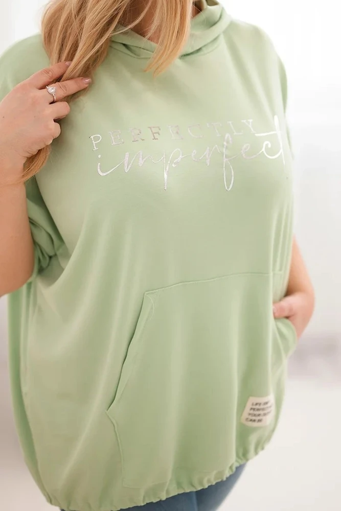 Moteriškas Plus Size džemperis su gobtuvu ir spauda, mėtų spalvos