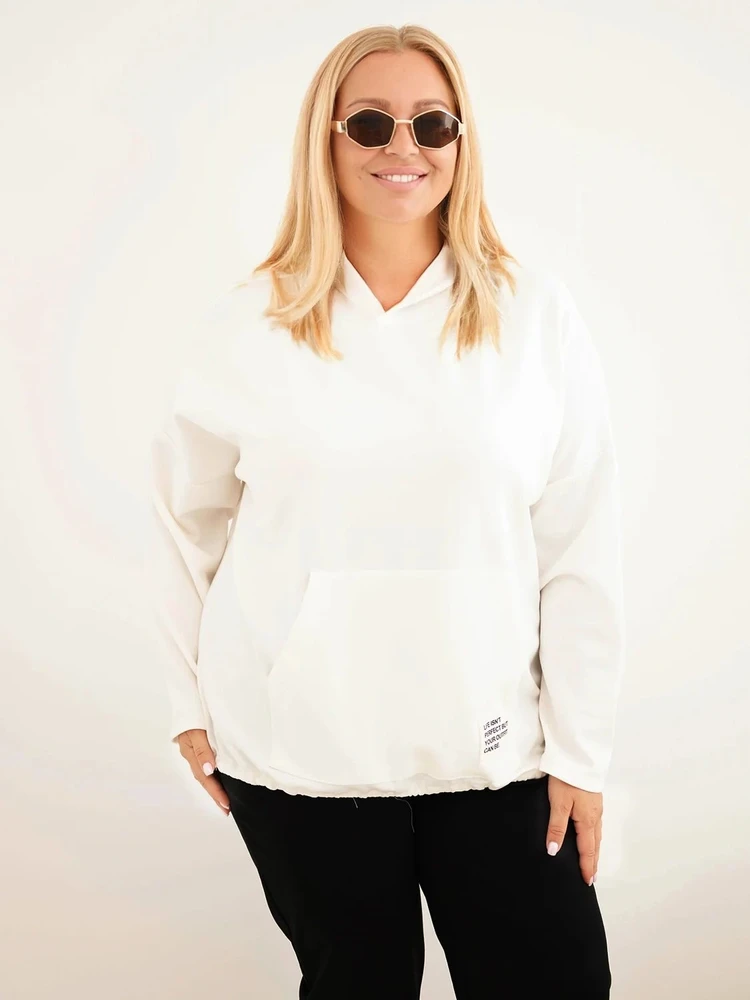 Moteriškas Plus Size džemperis su gobtuvu ir kišene kengūra, ekru spalvos