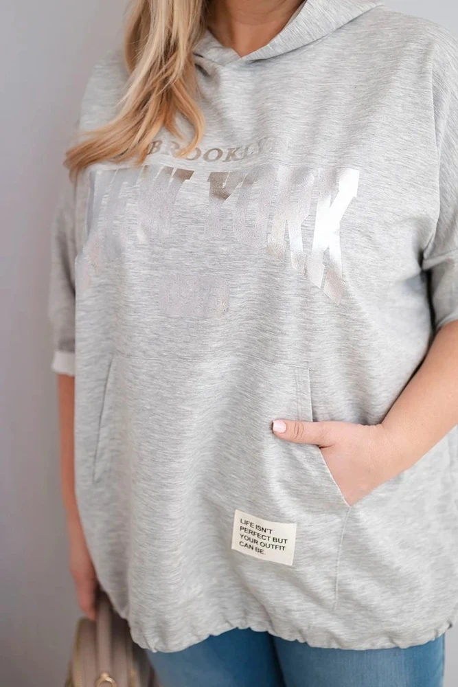 Moteriškas Plus Size džemperis su gobtuvu ir kišene, pilkai melanžinis