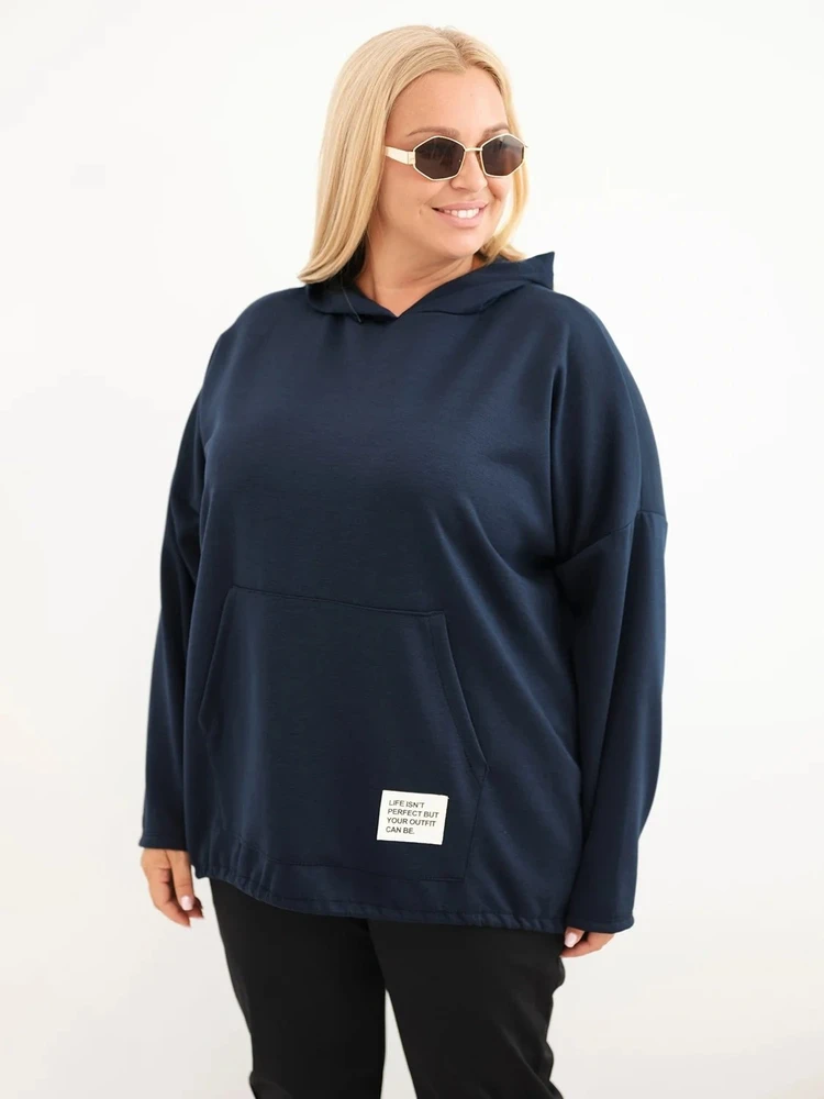 Moteriškas Plus Size džemperis su gobtuvu ir kangūros tipo kišene, tamsiai mėlynas