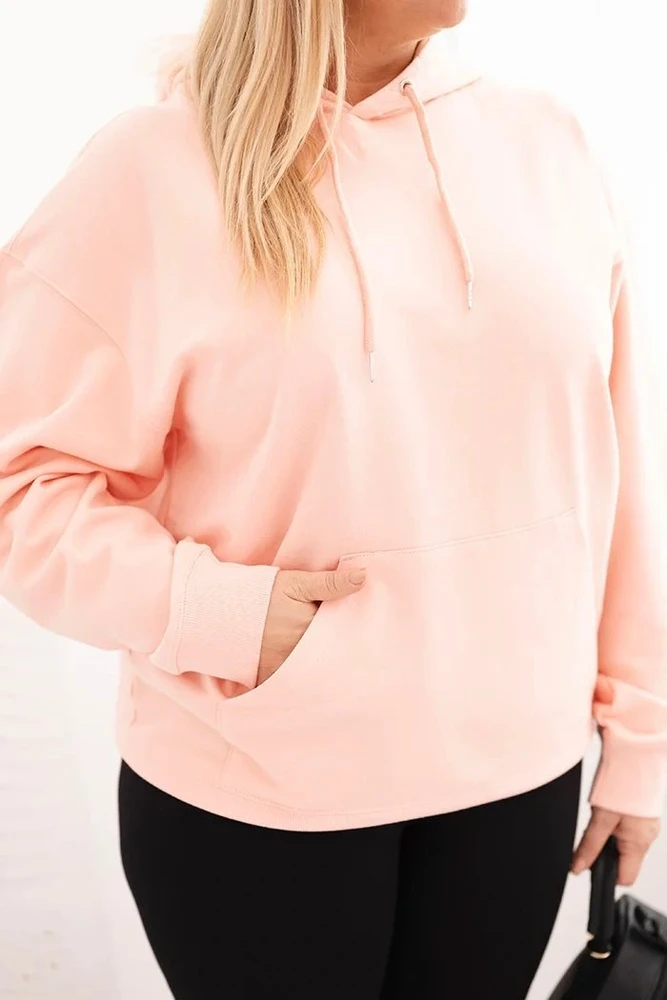 Moteriškas Plus Size džemperis su gobtuvu ir kengūros kišene, lašišos spalvos