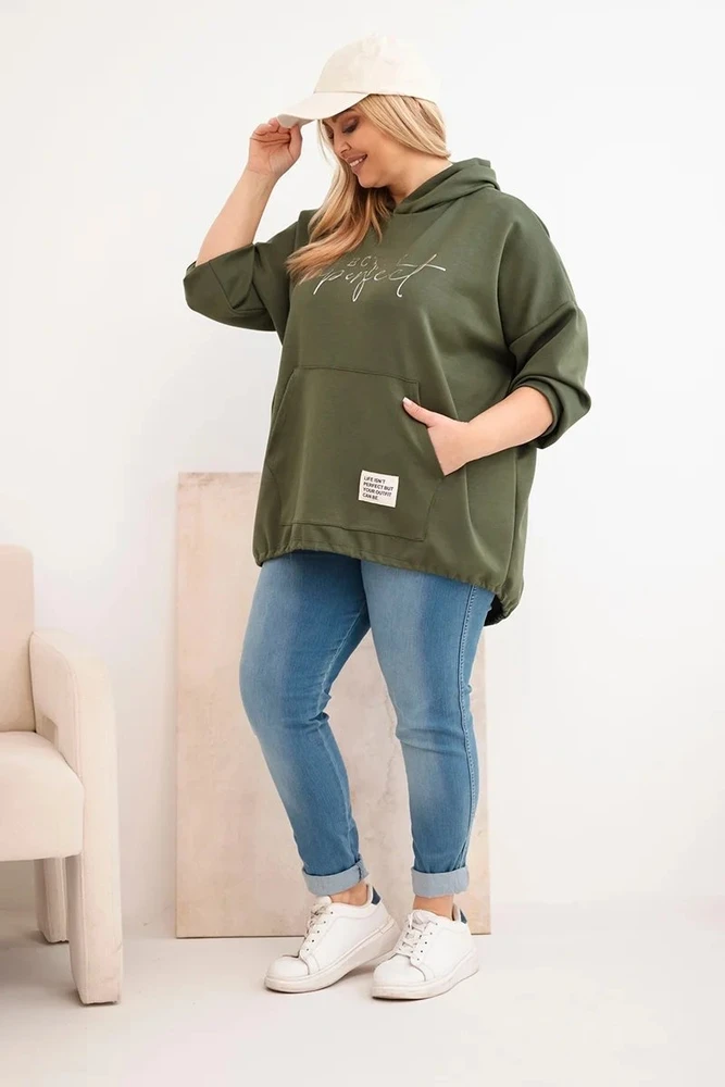 Moteriškas Plus Size džemperis su gobtuvu ir užrašu, chaki spalvos