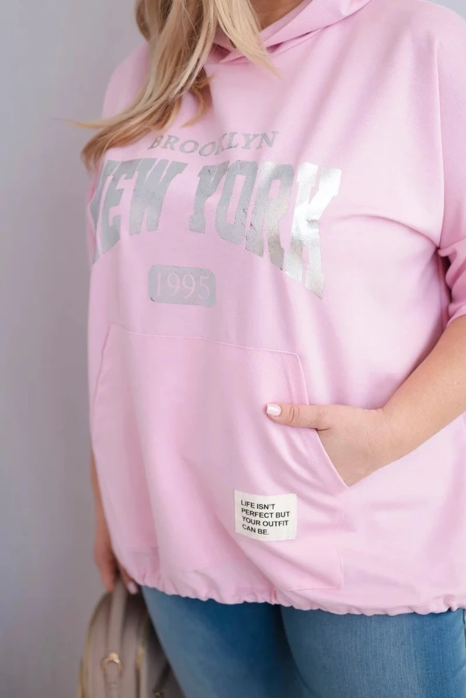 Moteriškas Plus Size džemperis su gobtuvu ir kišene, rožinės spalvos