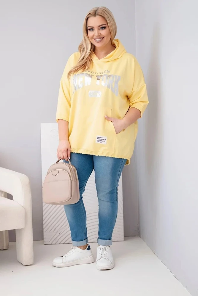 Moteriškas Plus Size džemperis su gobtuvu ir kišene, geltonos spalvos