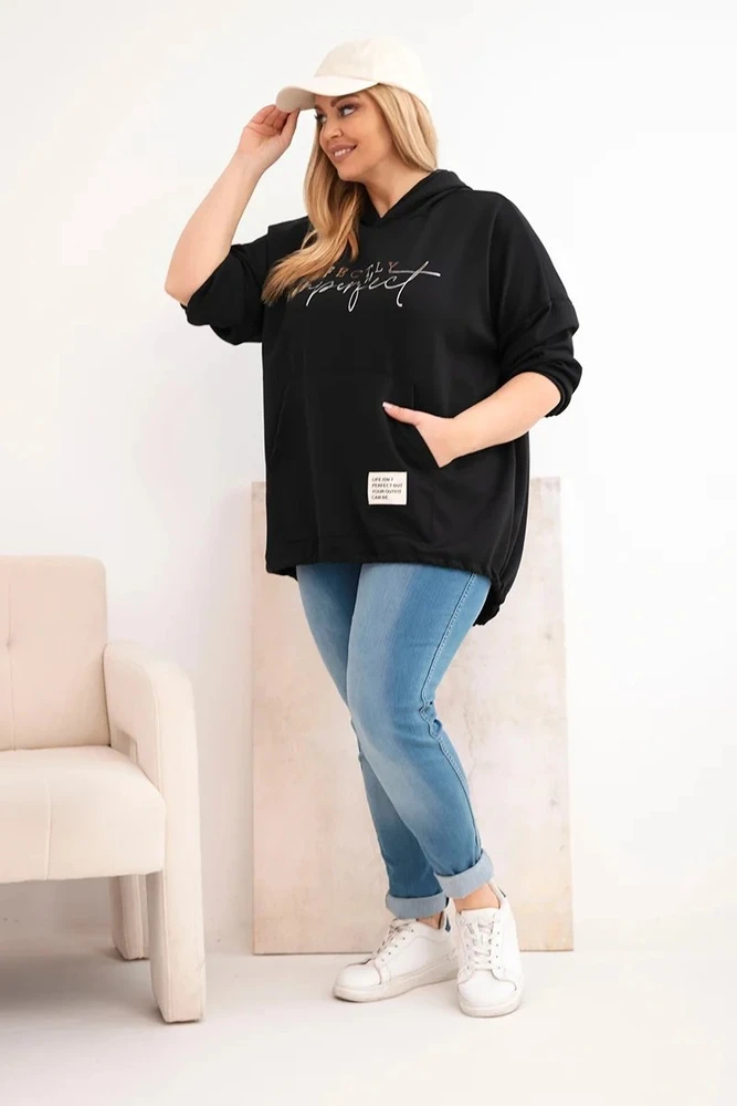 Moteriškas Plus Size džemperis su gobtuvu ir spauda, juodos spalvos