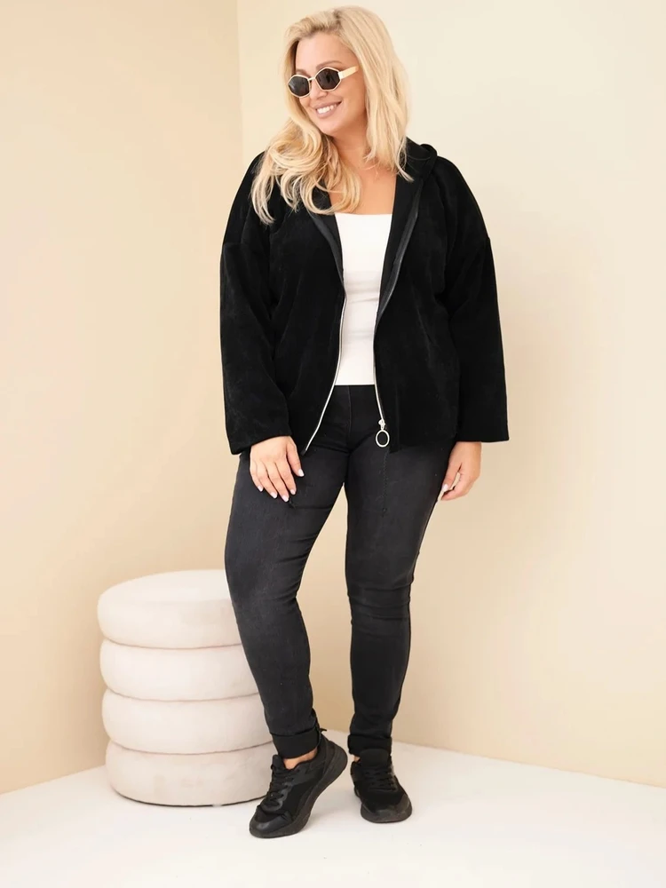 Moteriškas Plus Size džemperis su gobtuvu ir užtrauktuku, juodos spalvos
