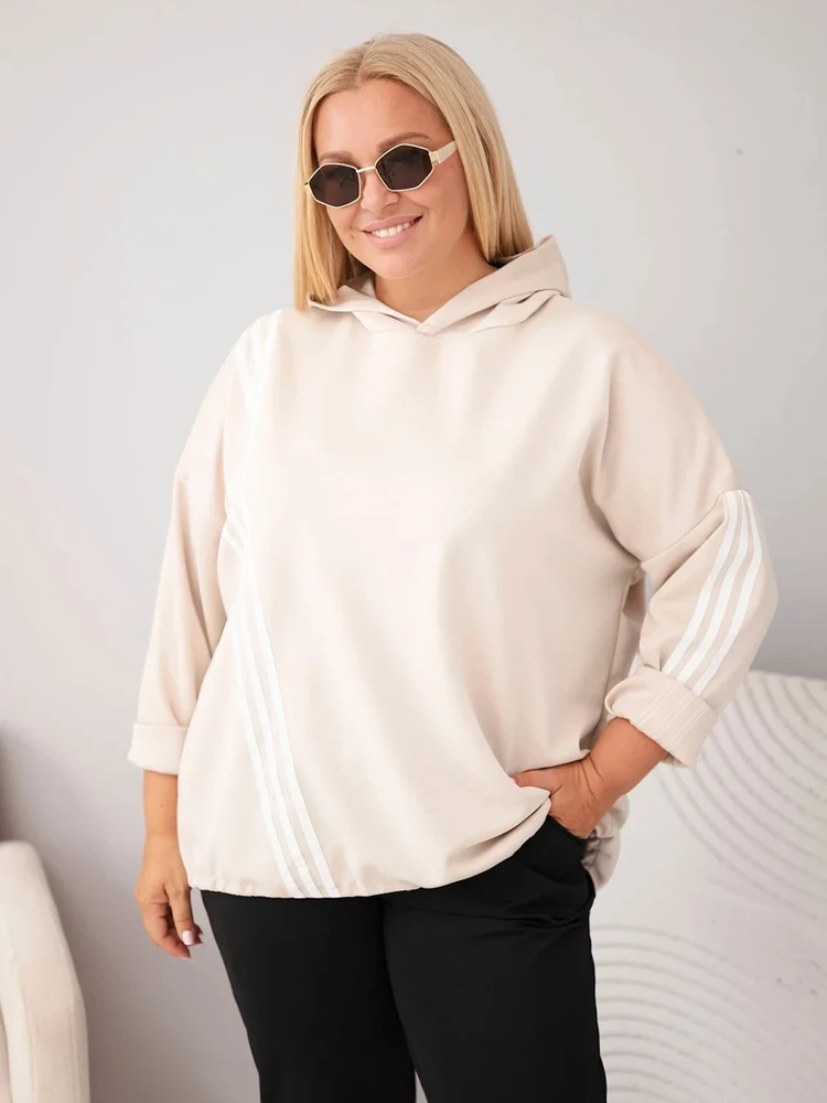 Moteriškas Plus Size džemperis su gobtuvu ir dekoratyvinėmis juostomis, smėlio spalvos