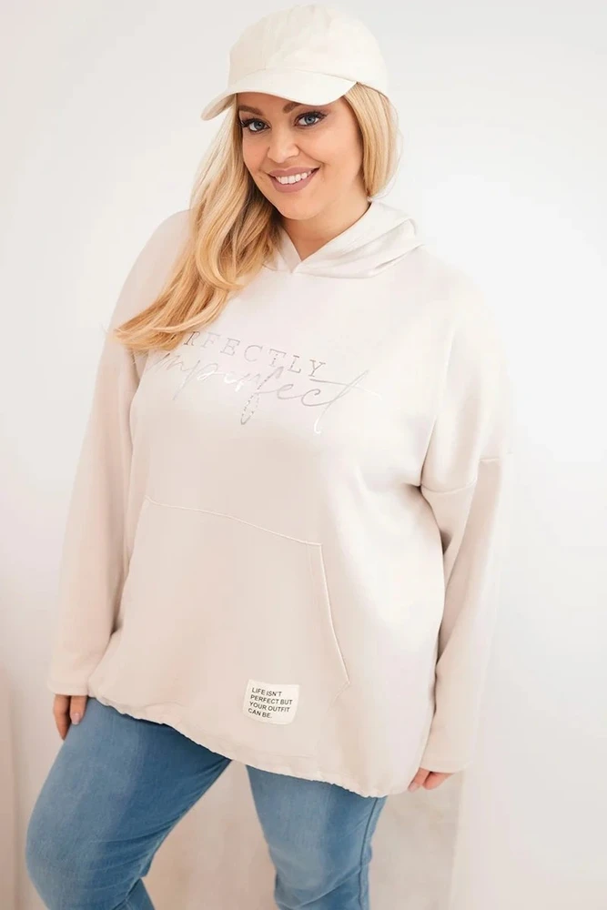 Moteriškas Plus Size džemperis su gobtuvu ir spauda, smėlio spalvos